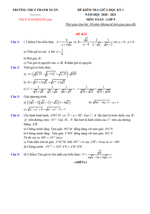Đề thi giữa kì 1 Toán 9 năm 2020 – 2021 trường THCS Thanh Xuân – Hà Nội