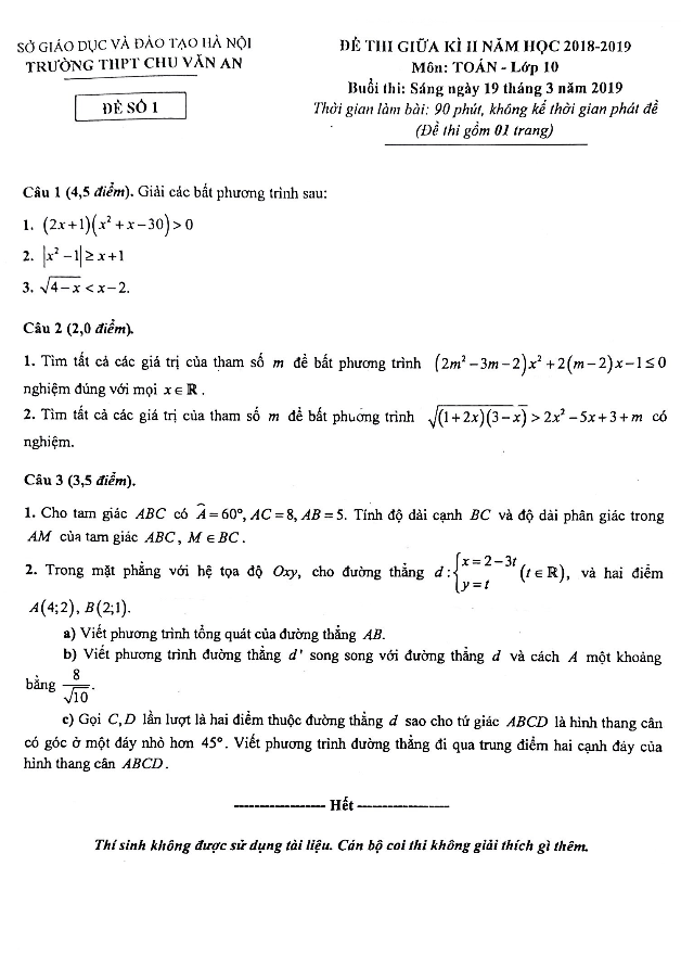 Đề thi giữa kì 2 Toán 10 năm 2018 – 2019 trường Chu Văn An – Hà Nội