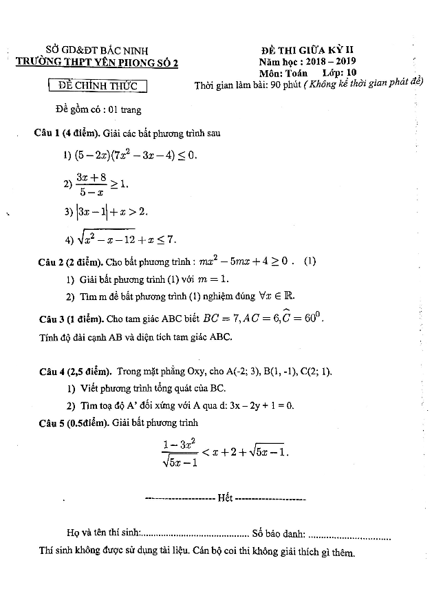 Đề thi giữa kì 2 Toán 10 năm 2018 – 2019 trường Yên Phong 2 – Bắc Ninh