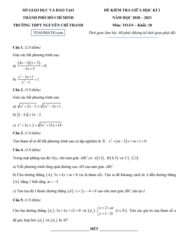 Đề thi giữa kì 2 Toán 10 năm 2020 – 2021 trường THPT Nguyễn Chí Thanh – TP HCM
