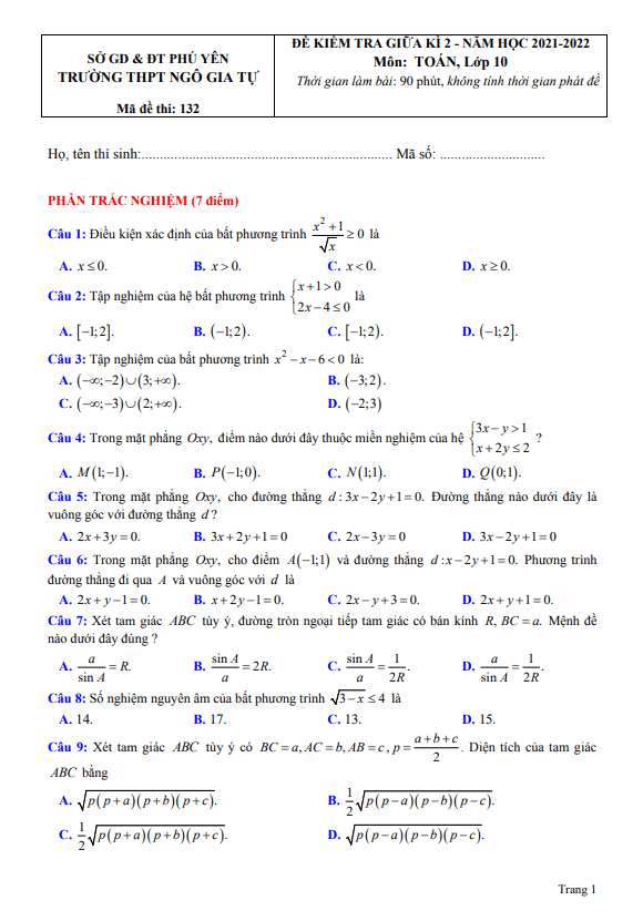 Đề thi giữa kì 2 Toán 10 năm 2021 – 2022 trường THPT Ngô Gia Tự – Phú Yên