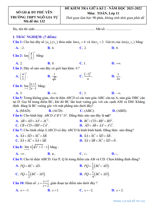 Đề thi giữa kì 2 Toán 11 năm 2021 – 2022 trường THPT Ngô Gia Tự – Phú Yên