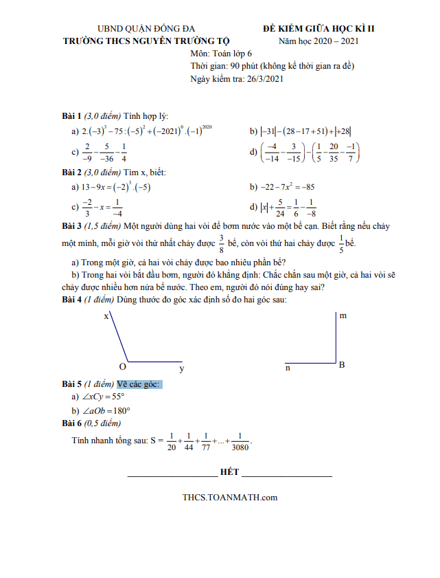Đề thi giữa kì 2 Toán 6 năm 2020 – 2021 trường Nguyễn Trường Tộ – Hà Nội