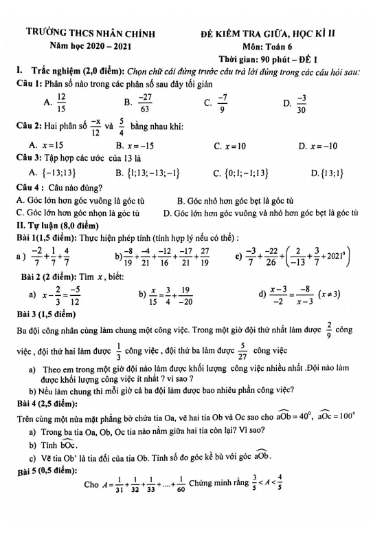 Đề thi giữa kì 2 Toán 6 năm 2020 – 2021 trường THCS Nhân Chính – Hà Nội
