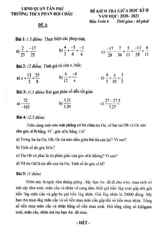 Đề thi giữa kì 2 Toán 6 năm 2020 – 2021 trường THCS Phan Bội Châu – TP HCM