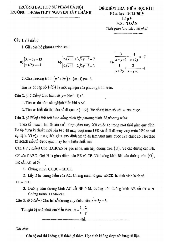 Đề thi giữa kì 2 Toán 9 năm 2018 – 2019 trường Nguyễn Tất Thành – Hà Nội