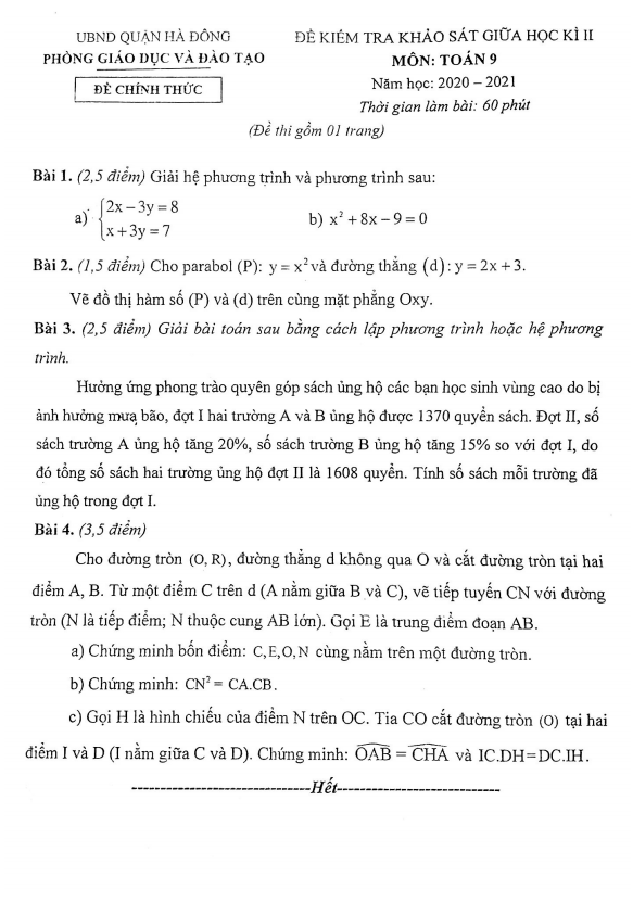 Đề thi giữa kì 2 Toán 9 năm 2020 – 2021 phòng GD&ĐT Hà Đông – Hà Nội
