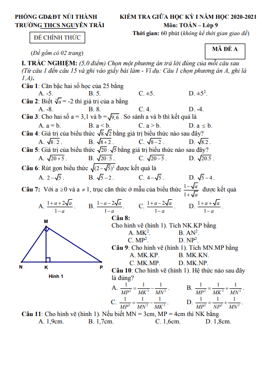 Đề thi giữa kỳ 1 Toán 9 năm 2020 – 2021 trường THCS Nguyễn Trãi – Quảng Nam