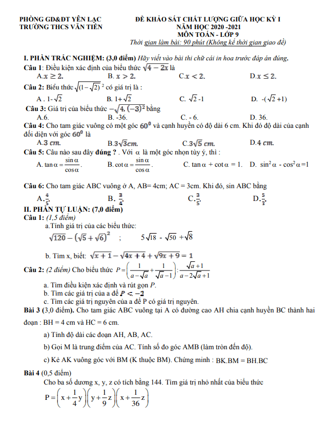 Đề thi giữa kỳ 1 Toán 9 năm 2020 – 2021 trường THCS Văn Tiến – Vĩnh Phúc