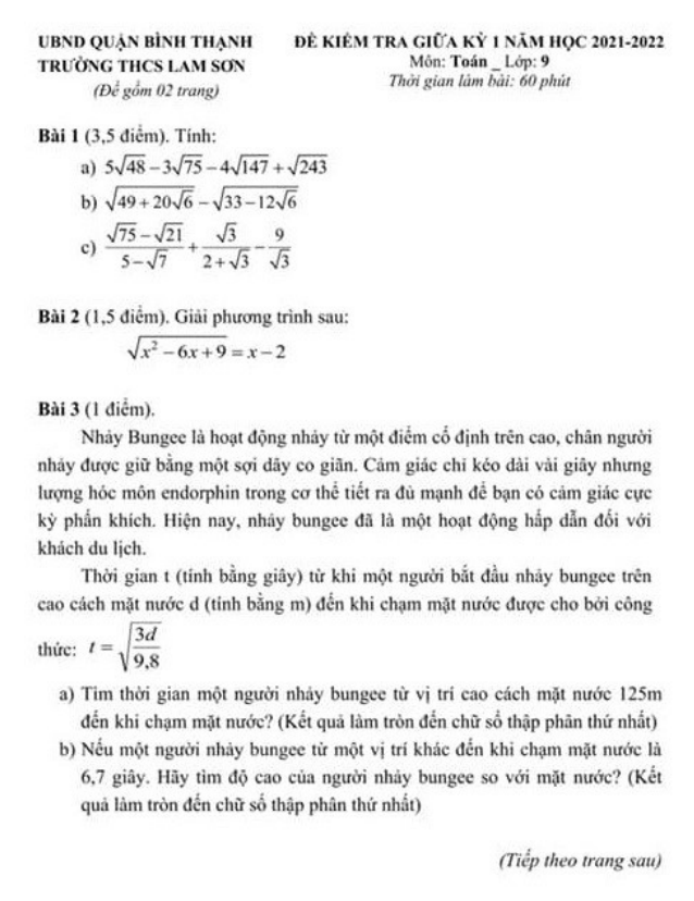 Đề thi giữa kỳ 1 Toán 9 năm 2021 – 2022 trường THCS Lam Sơn – TP HCM