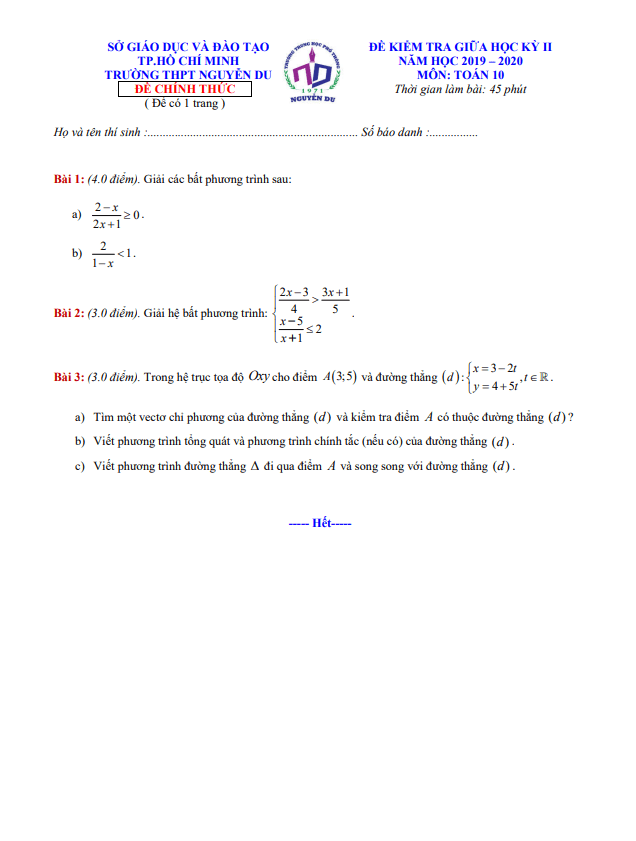 Đề thi giữa kỳ 2 Toán 10 năm 2019 – 2020 trường THPT Nguyễn Du – TP HCM