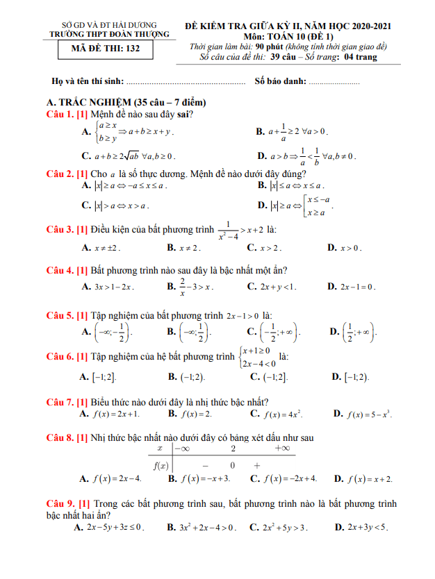 Đề thi giữa kỳ 2 Toán 10 năm 2020 – 2021 trường Đoàn Thượng – Hải Dương