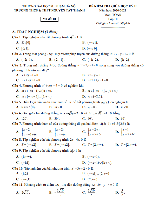 Đề thi giữa kỳ 2 Toán 10 năm 2020 – 2021 trường Nguyễn Tất Thành – Hà Nội