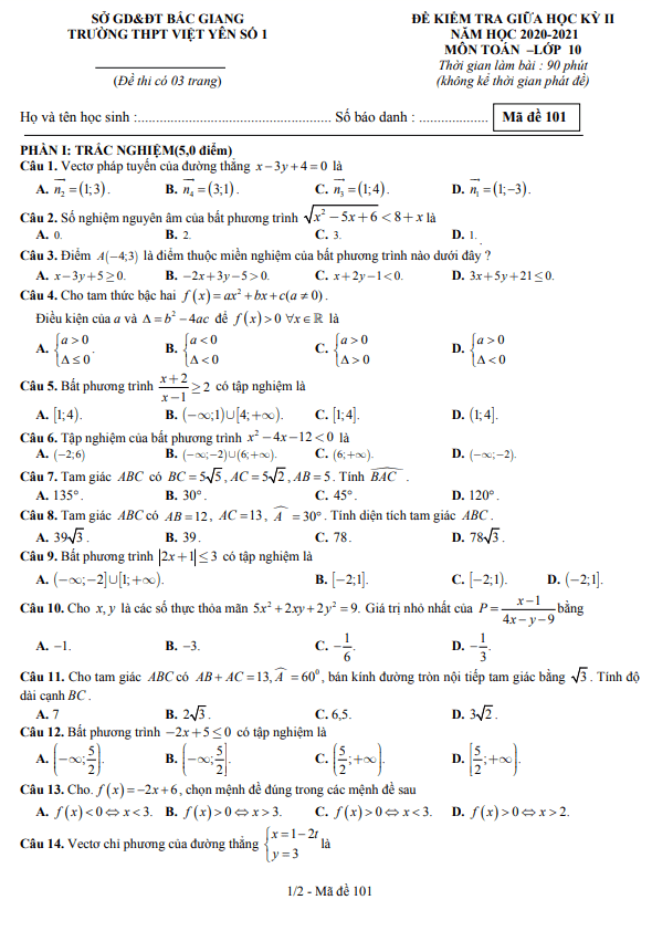 Đề thi giữa kỳ 2 Toán 10 năm 2020 – 2021 trường THPT Việt Yên 1 – Bắc Giang