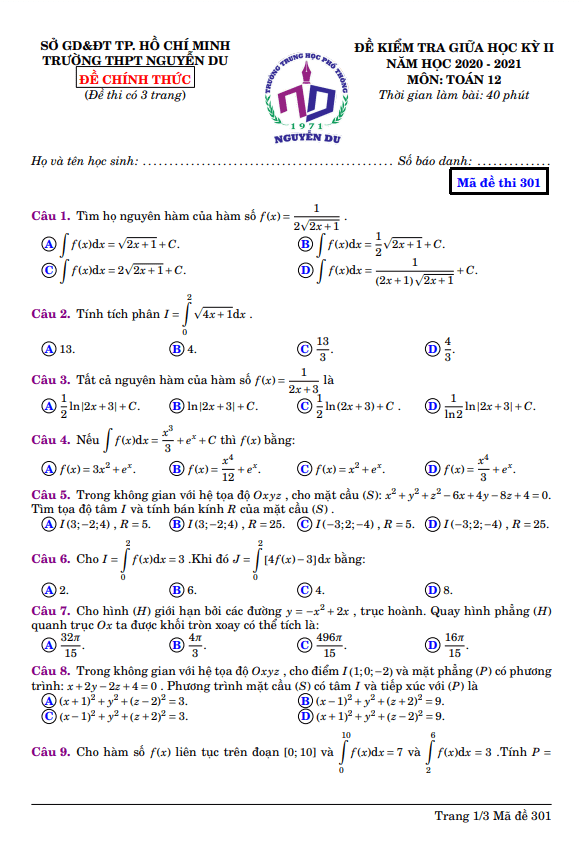 Đề thi giữa kỳ 2 Toán 12 năm 2020 – 2021 trường THPT Nguyễn Du – TP HCM