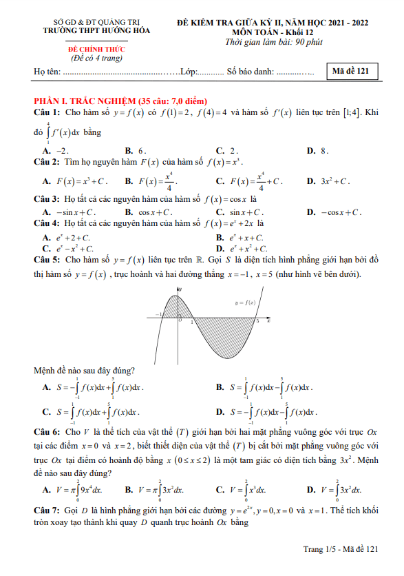 Đề thi giữa kỳ 2 Toán 12 năm 2021 – 2022 trường THPT Hướng Hóa – Quảng Trị