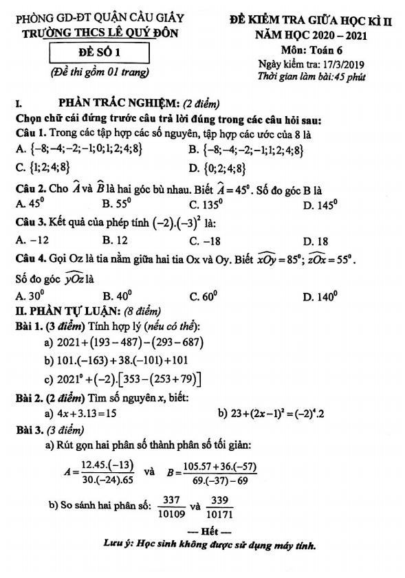 Đề thi giữa kỳ 2 Toán 6 năm 2020 – 2021 trường THCS Lê Quý Đôn – Hà Nội