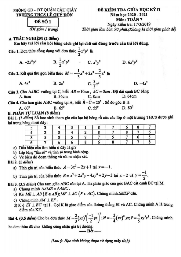 Đề thi giữa kỳ 2 Toán 7 năm 2020 – 2021 trường THCS Lê Quý Đôn – Hà Nội