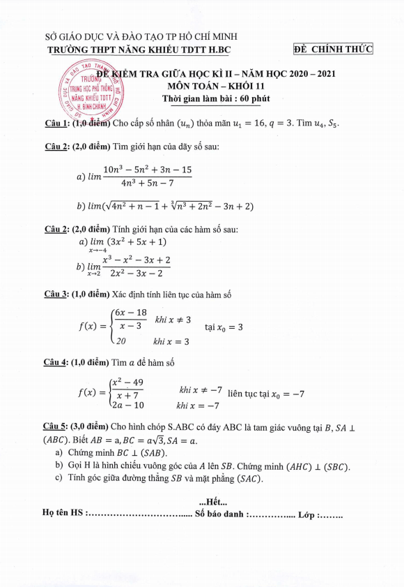 Đề thi GK2 Toán 11 năm 2020 – 2021 trường Năng khiếu TDTT Bình Chánh – TP HCM