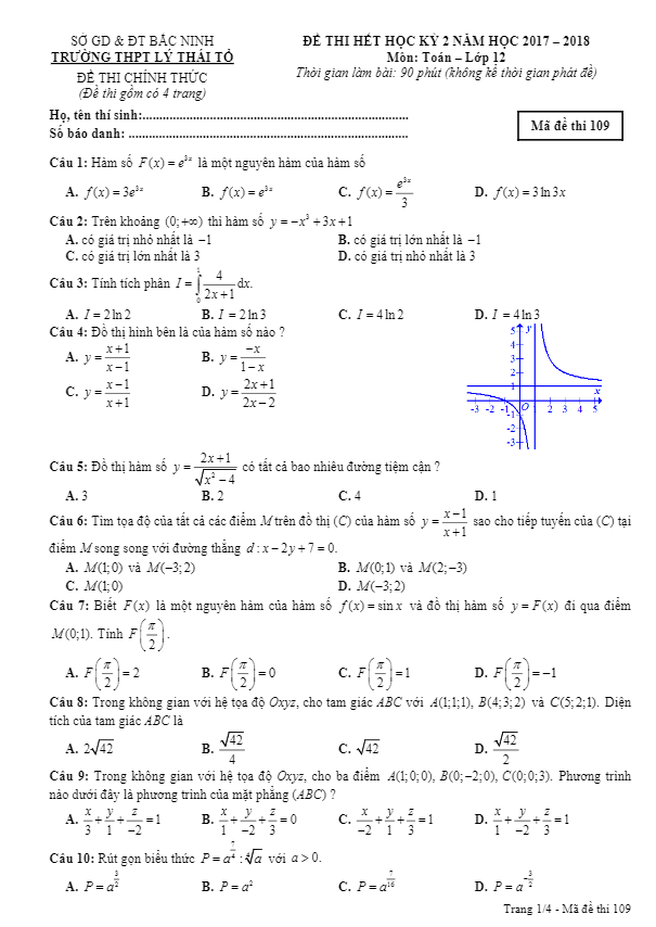 Đề thi hết học kỳ 2 Toán 12 năm 2017 – 2018 trường Lý Thái Tổ – Bắc Ninh