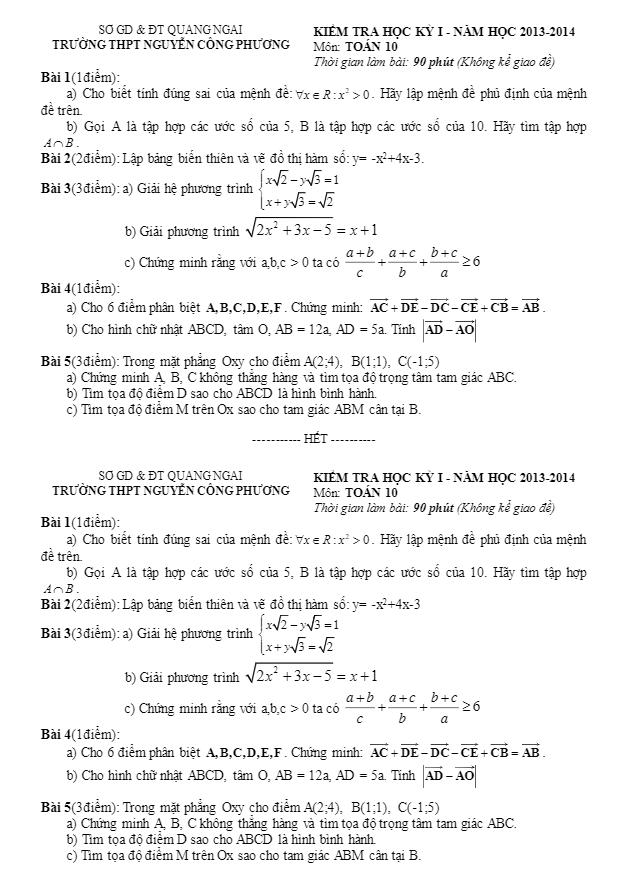 Đề thi HK1 lớp 10 trường Nguyễn Công Phương – Quảng Ngãi 2013 – 2014