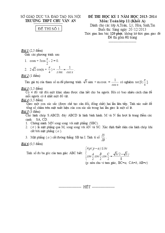 Đề thi HK1 lớp 11 ban nâng cao trường Chu Văn An – Hà Nội 2013 – 2014