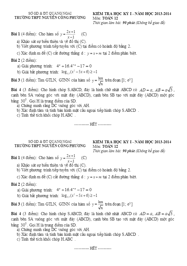 Đề thi HK1 lớp 12 trường Nguyễn Công Phương – Quảng Ngãi 2013 – 2014
