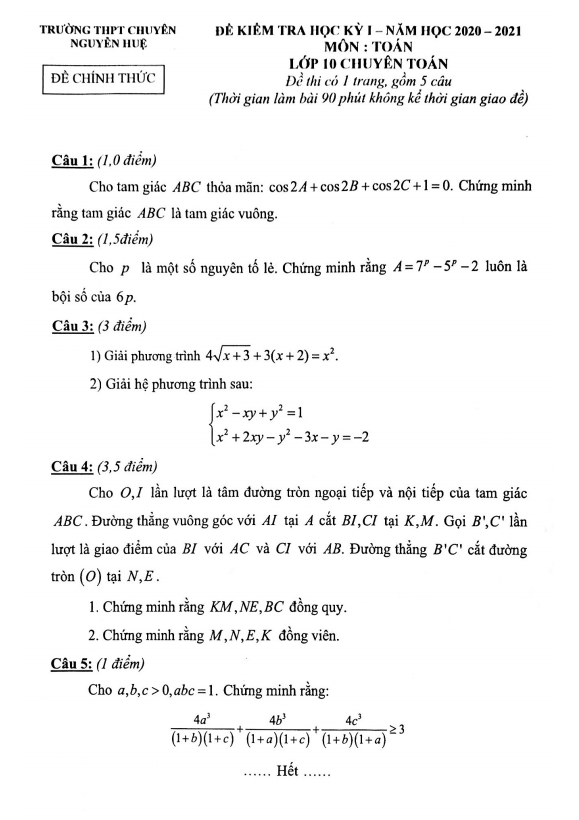 Đề thi HK1 Toán 10 (chuyên Toán) năm 2020 – 2021 trường chuyên Nguyễn Huệ – Hà Nội
