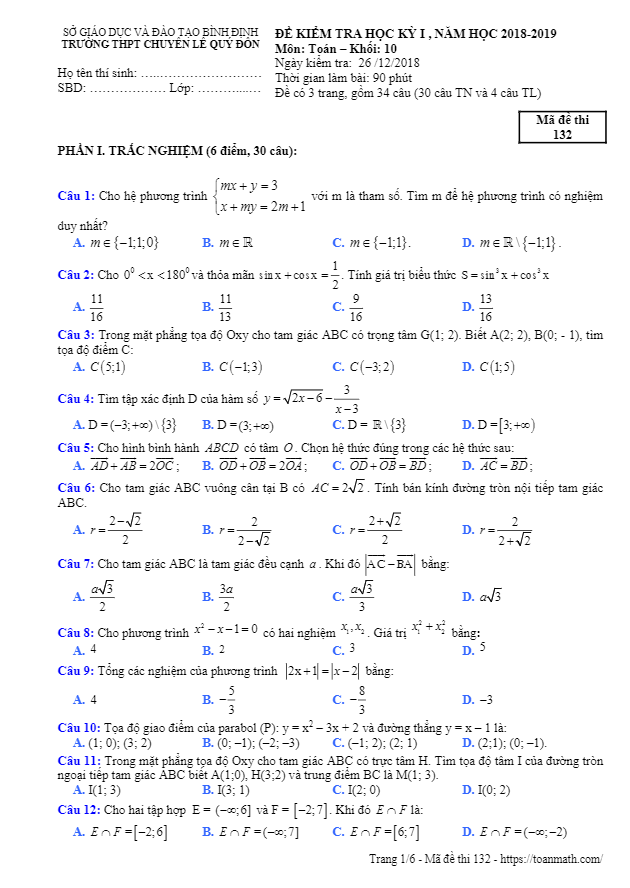 Đề thi HK1 Toán 10 năm 2018 – 2019 trường chuyên Lê Quý Đôn – Bình Định