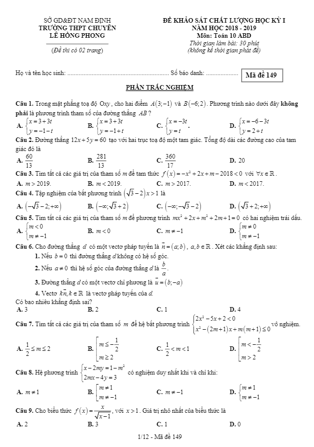 Đề thi HK1 Toán 10 năm 2018 – 2019 trường THPT chuyên Lê Hồng Phong – Nam Định