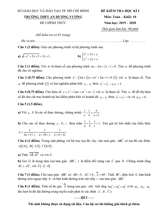 Đề thi HK1 Toán 10 năm 2019 – 2020 trường THPT An Dương Vương – TP HCM