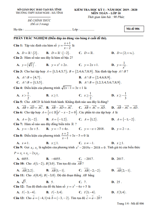 Đề thi HK1 Toán 10 năm 2019 – 2020 trường THPT Hàm Nghi – Hà Tĩnh