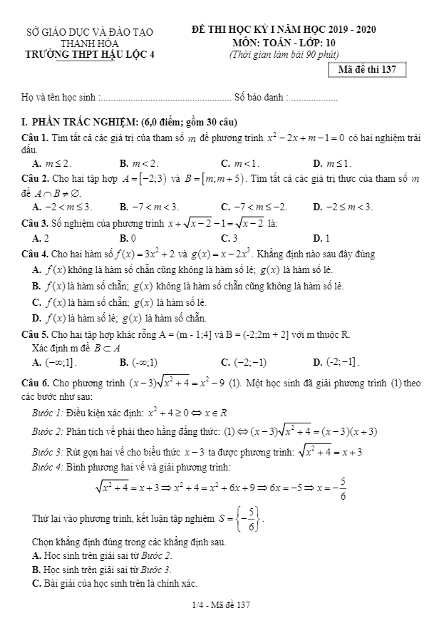 Đề thi HK1 Toán 10 năm 2019 – 2020 trường THPT Hậu Lộc 4 – Thanh Hóa