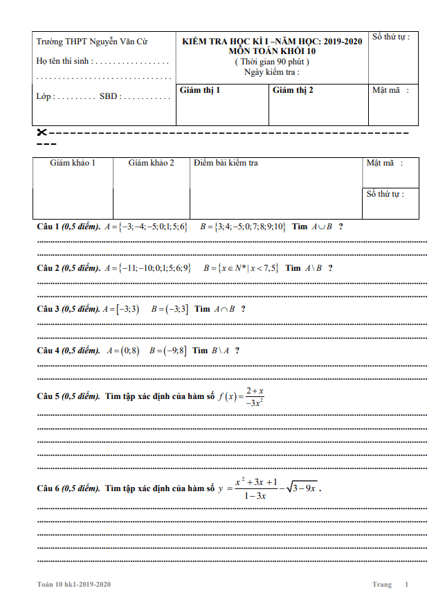 Đề thi HK1 Toán 10 năm 2019 – 2020 trường THPT Nguyễn Văn Cừ – TP HCM