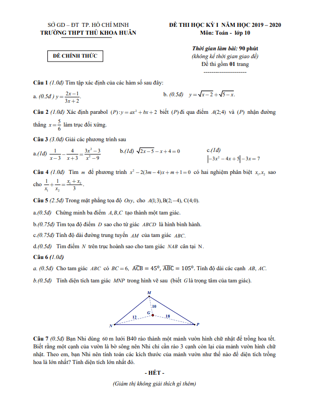 Đề thi HK1 Toán 10 năm 2019 – 2020 trường THPT Thủ Khoa Huân – TP HCM