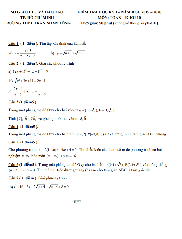 Đề thi HK1 Toán 10 năm 2019 – 2020 trường THPT Trần Nhân Tông – TP HCM