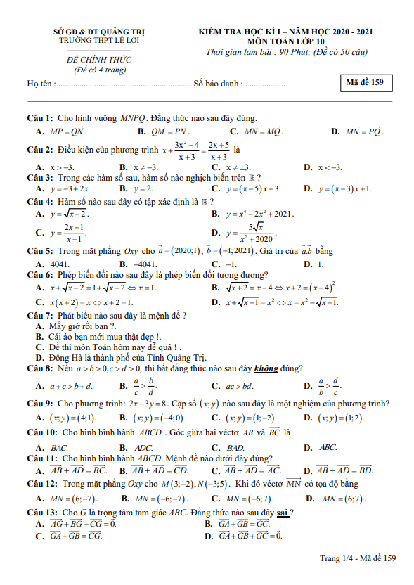 Đề thi HK1 Toán 10 năm 2020 – 2021 trường THPT Lê Lợi – Quảng Trị