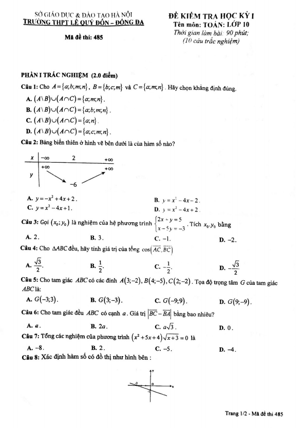 Đề thi HK1 Toán 10 năm 2020 – 2021 trường THPT Lê Quý Đôn – Hà Nội