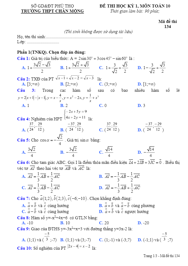 Đề thi HK1 Toán 10 năm học 2016 – 2017 trường THPT Chân Mộng – Phú Thọ