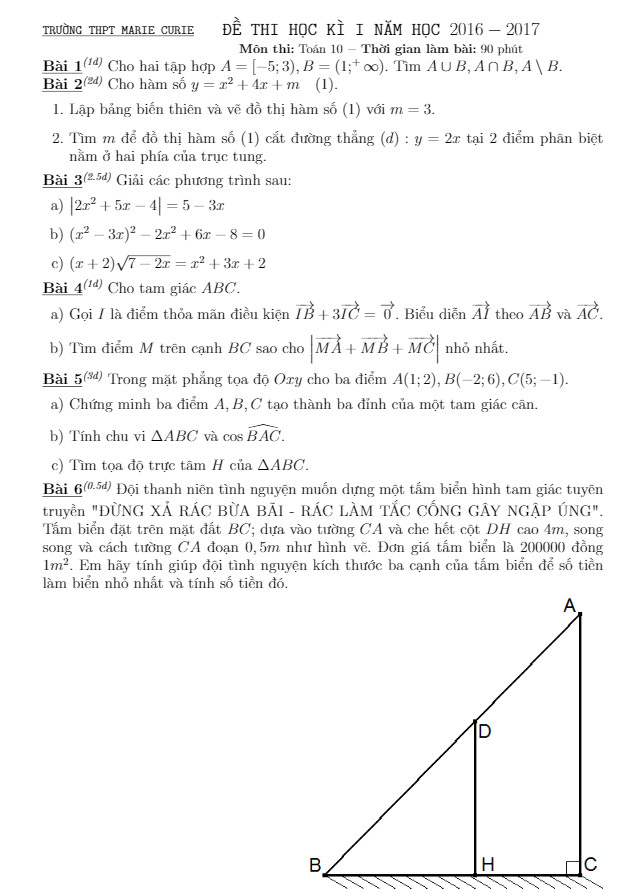 Đề thi HK1 Toán 10 năm học 2016 – 2017 trường THPT Marie Curie – Hà Nội