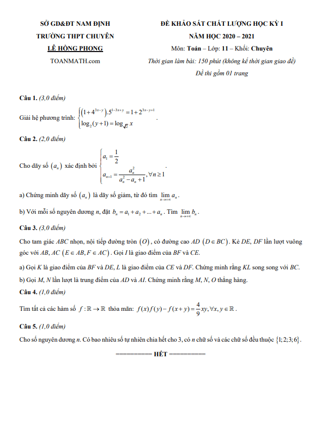 Đề thi HK1 Toán 11 chuyên năm 2020 – 2021 trường chuyên Lê Hồng Phong – Nam Định