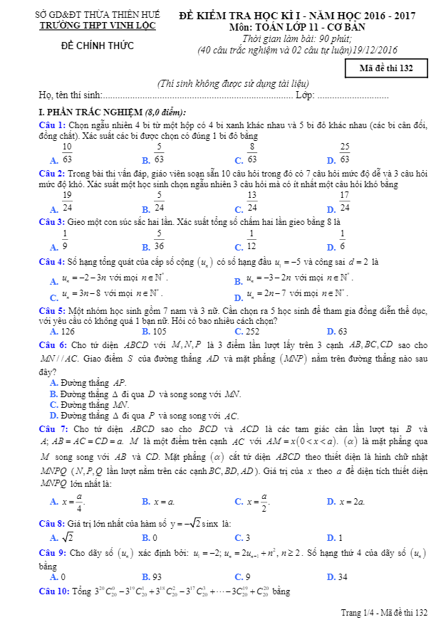 Đề thi HK1 Toán 11 cơ bản năm học 2016 – 2017 trường Vinh Lộc – TT Huế