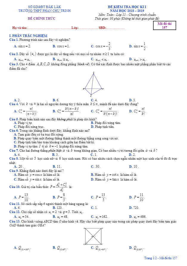 Đề thi HK1 Toán 11 năm 2018 – 2019 trường Phan Chu Trinh – Đăk Lăk