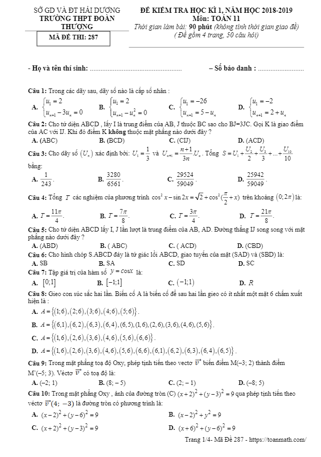 Đề thi HK1 Toán 11 năm 2018 – 2019 trường THPT Đoàn Thượng – Hải Dương