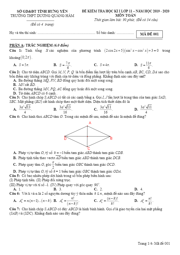 Đề thi HK1 Toán 11 năm 2019 – 2020 trường Dương Quảng Hàm – Hưng Yên