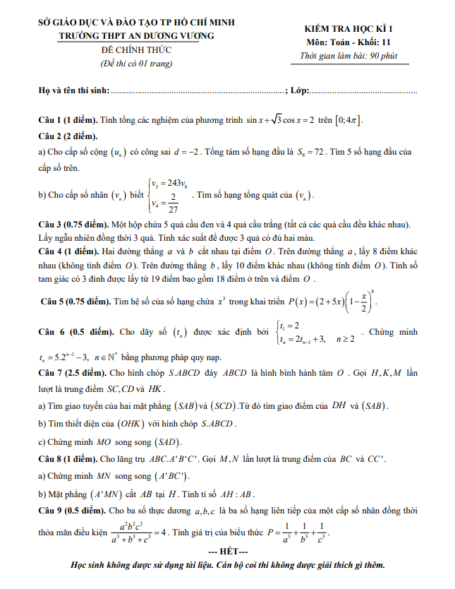 Đề thi HK1 Toán 11 năm 2019 – 2020 trường THPT An Dương Vương – TP HCM
