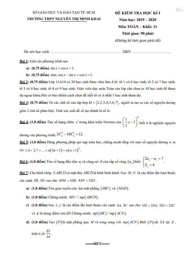 Đề thi HK1 Toán 11 năm 2019 – 2020 trường THPT Nguyễn Thị Minh Khai – TP HCM
