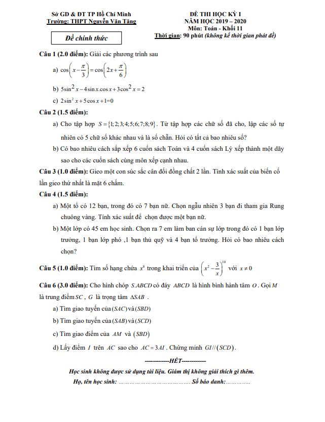 Đề thi HK1 Toán 11 năm 2019 – 2020 trường THPT Nguyễn Văn Tăng – TP HCM