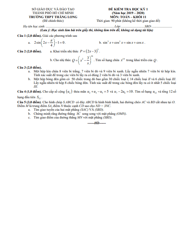 Đề thi HK1 Toán 11 năm 2019 – 2020 trường THPT Thăng Long – TP HCM