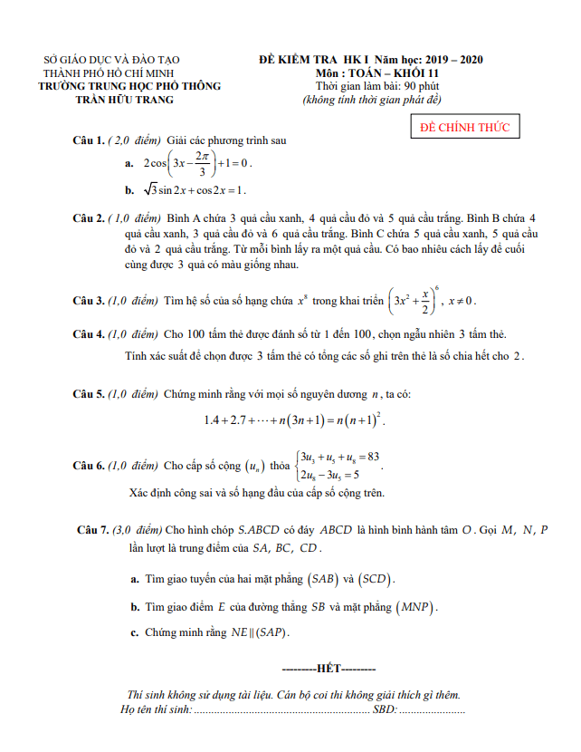 Đề thi HK1 Toán 11 năm 2019 – 2020 trường THPT Trần Hữu Trang – TP HCM